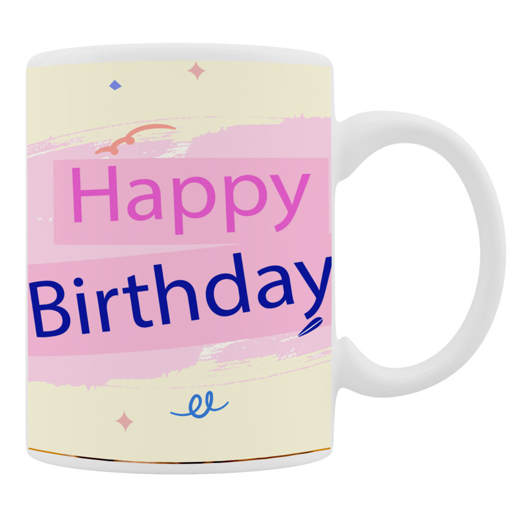 Printed Ceramic Coffee Mug | Happy Birthday With Flower and Heart Printed  | 325 Ml 